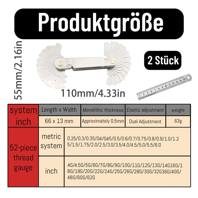 [Australia - AusPower] - 52 Sheets Thread Gauge, Metric Inches, Thread Gauge, Feeler Gauge and Radius Gauge, Precision Measuring Tool for Mechanics and Engineers, Metric Thread, Robust Iron Material 