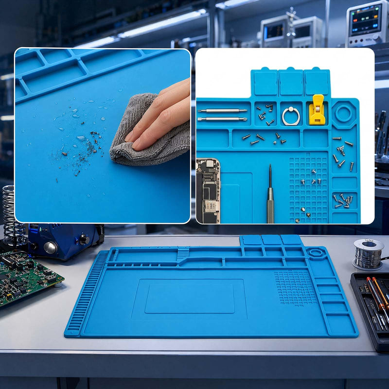 Silicone soldering mat 45 x 30 cm for electronics repair and soldering | 500°C heat-resistant antistatic silicone soldering mat with magnet & compartments for mobile phone, laptop, tablet repair, DIY model making