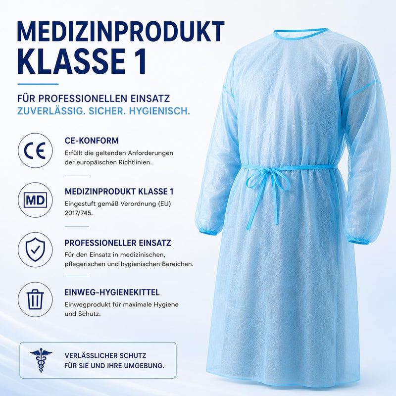 10 x Disposable Protective Gown Blue - Visitor Gowns Made of PP Fleece 18 g/m² - Non-Sterile Disposable Gown with Ties & Elastic Cuffs - Medical Device Class 1 for Care, Laboratory & Hospital