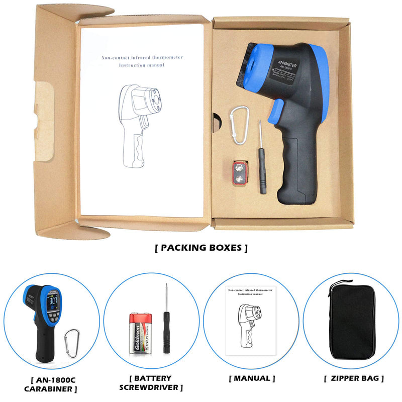[Australia - AusPower] - AIOMEST 50: 1 Infrared Thermometer -58°F ~3272°F (-50~1800℃) Digital High Temperature Pyrometer with Adjustable Emissivity, Digital Laser IR Temp Gun for Cooking Kiln HVAC (NOT for Human Temp) AN-1800C (Color Screen) 