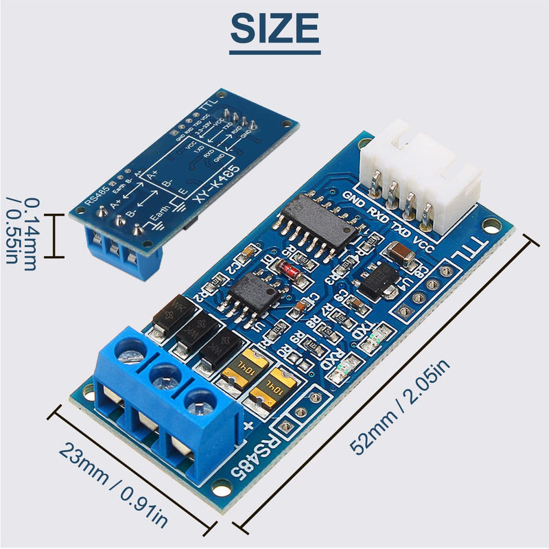 TTL to RS485 Adapter Module, Pack of 2 Level Converter Borad, Automatic Flow Direction Control 3.3V-5V 485 to TTL Signal Single Chip with RXD, TXD Display, 24AWG Cable