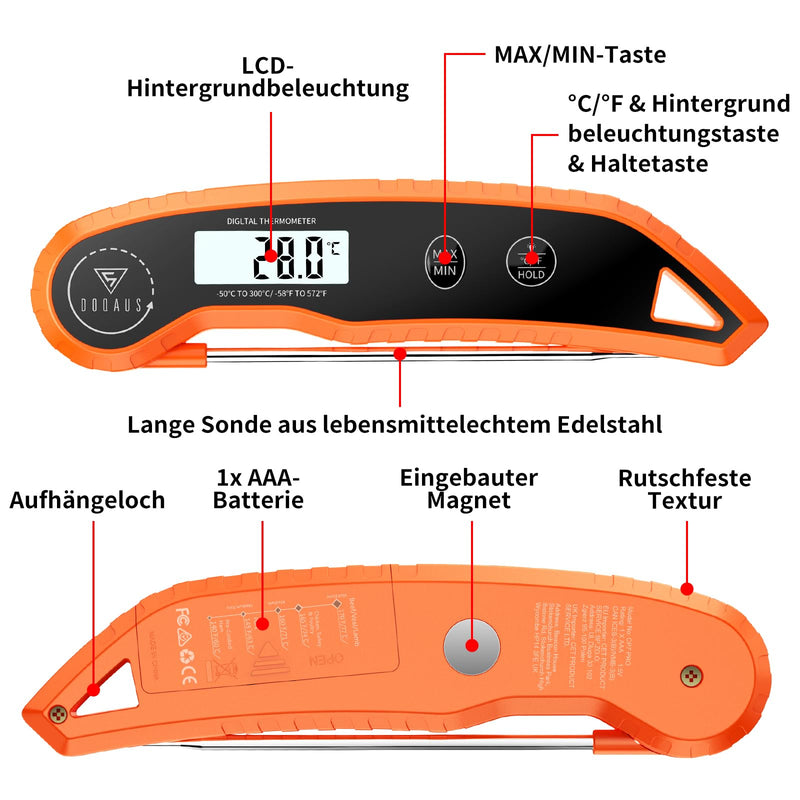 [Australia - AusPower] - DOQAUS Meat Thermometer, Cooking Thermometer with 3s Reading, Accuracy ±0.5°C, Digital Thermometer, Roasting Thermometer with LCD Backlight, Laboratory Thermometer for Kitchen, BBQ, Orange 
