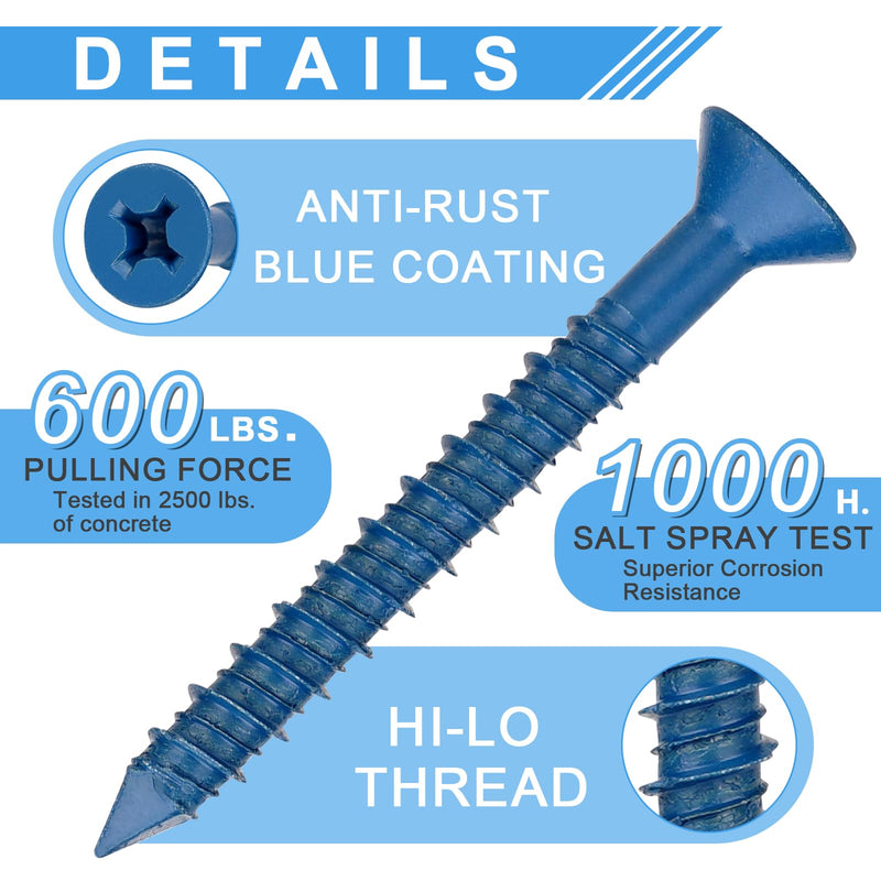 80 Packs, Concrete Screw Anchor, 3/16" x 1-1/4", Blue Flat Head Screws for Anchoring to Masonry, Brick, Block, Cement or Stucco 3/16" X 1-1/4" 80pcs