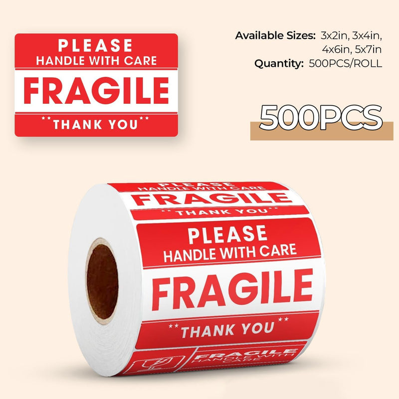 StickerJet Fragile Handle with Care Stickers Roll – (500 Labels, 3"x4") Bright Shipping and Packaging Labels with Strong Adhesive – Made in USA 3"x4" 500 Stickers - Roll