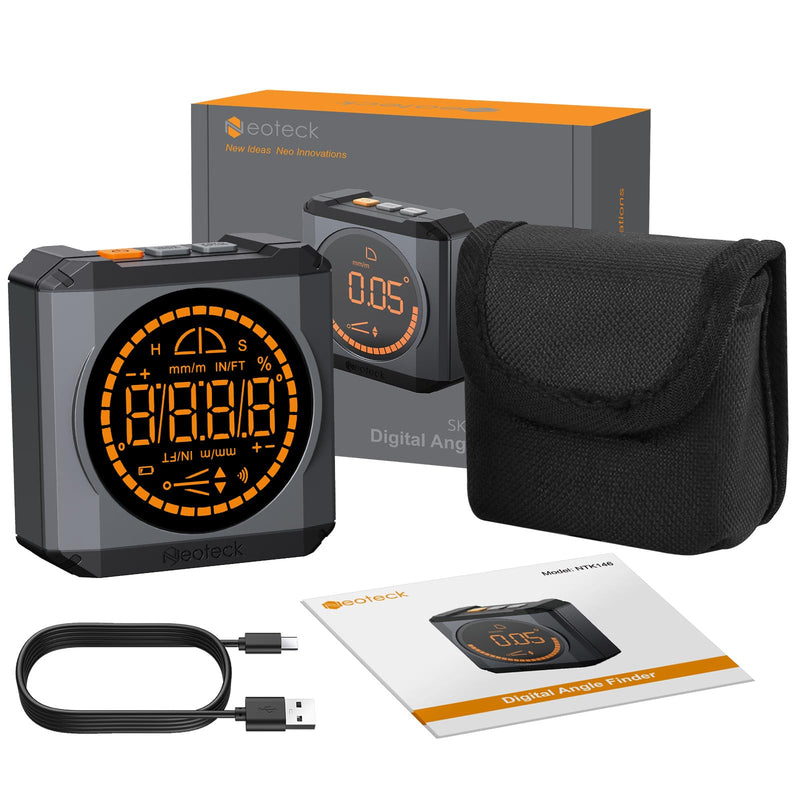 Neoteck Digital Protractor Inclinometer with LED Display, Rechargeable Spirit Level, Magnetic Base, 4 Measurement Units, IP54 Waterproof for Woodworking, Construction, DIY Projects, Black