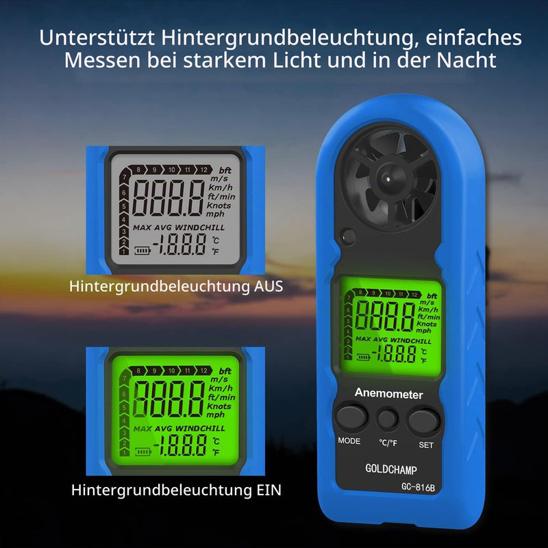 Hand Wind Gauge, Mini Digital Wind Speed Meter, Measures Temperature, Max/Average/Current, Windchill Indicator, LCD Backlight HVAC and Outdoor Activities blue