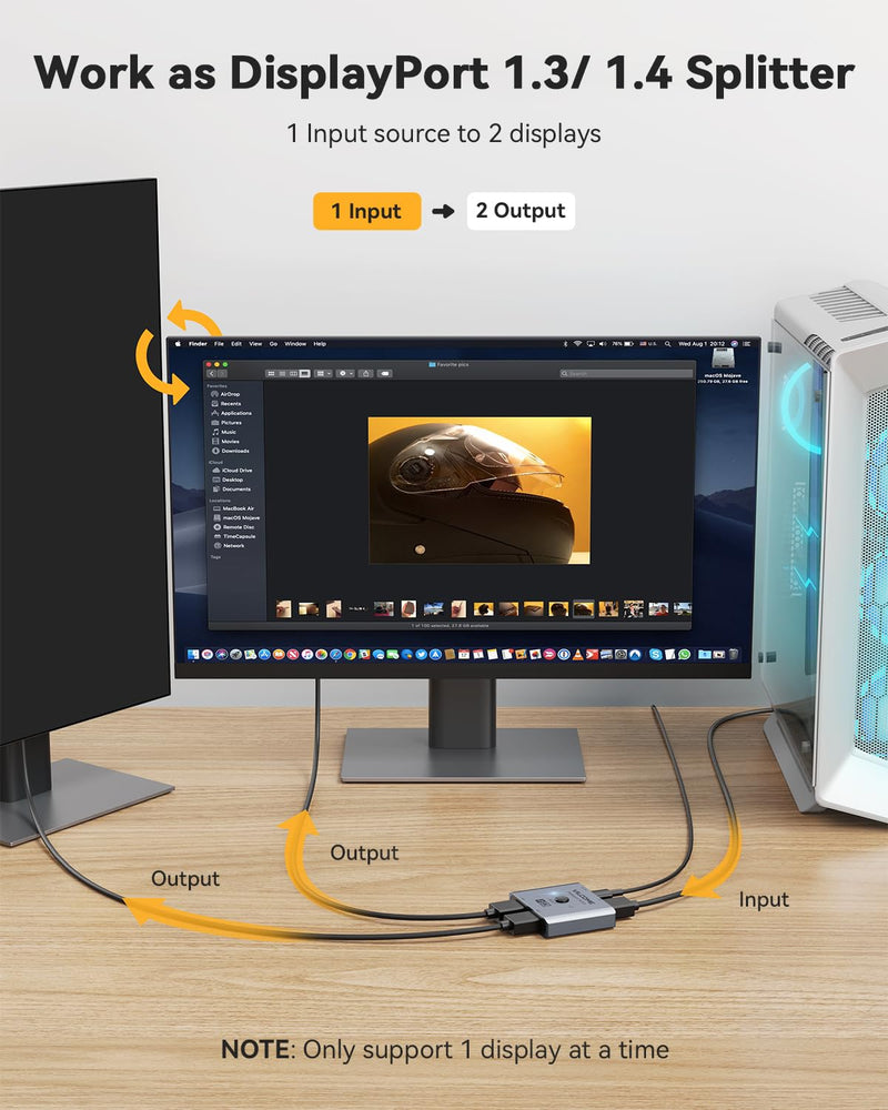 [Australia - AusPower] - Vilcome DisplayPort Switch 8K Splitter, Plug & Play, One-Button Switching, Bidirectional Display Port Switcher Box 2 in 1 Out/ 1 in 2 Out, 8K@60Hz, 4K@120Hz, 1080P@240Hz for PC Monitor Laptop (Gray) Gray 
