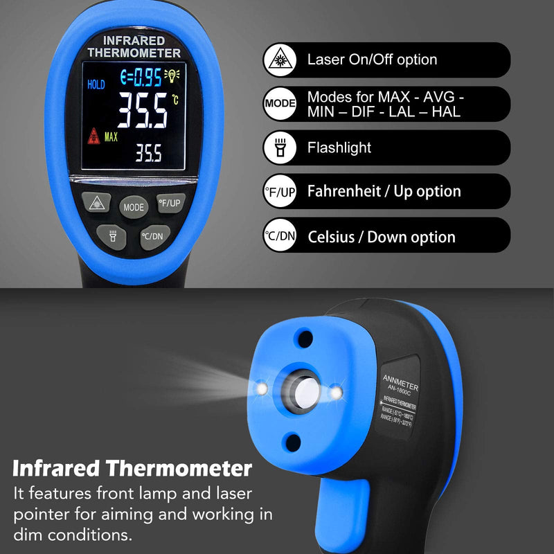 [Australia - AusPower] - AIOMEST 50: 1 Infrared Thermometer -58°F ~3272°F (-50~1800℃) Digital High Temperature Pyrometer with Adjustable Emissivity, Digital Laser IR Temp Gun for Cooking Kiln HVAC (NOT for Human Temp) AN-1800C (Color Screen) 