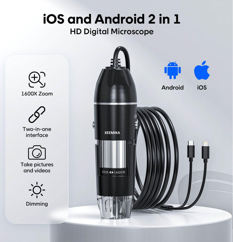 [Australia - AusPower] - USB Digital Microscope, 50x-1600x Magnification Handheld, 1440P HD 8 LED Lights, Portable Microscope Compatible with iOS and Android Devices, 2MP Portable Microscope Camera for Adults, Kids 