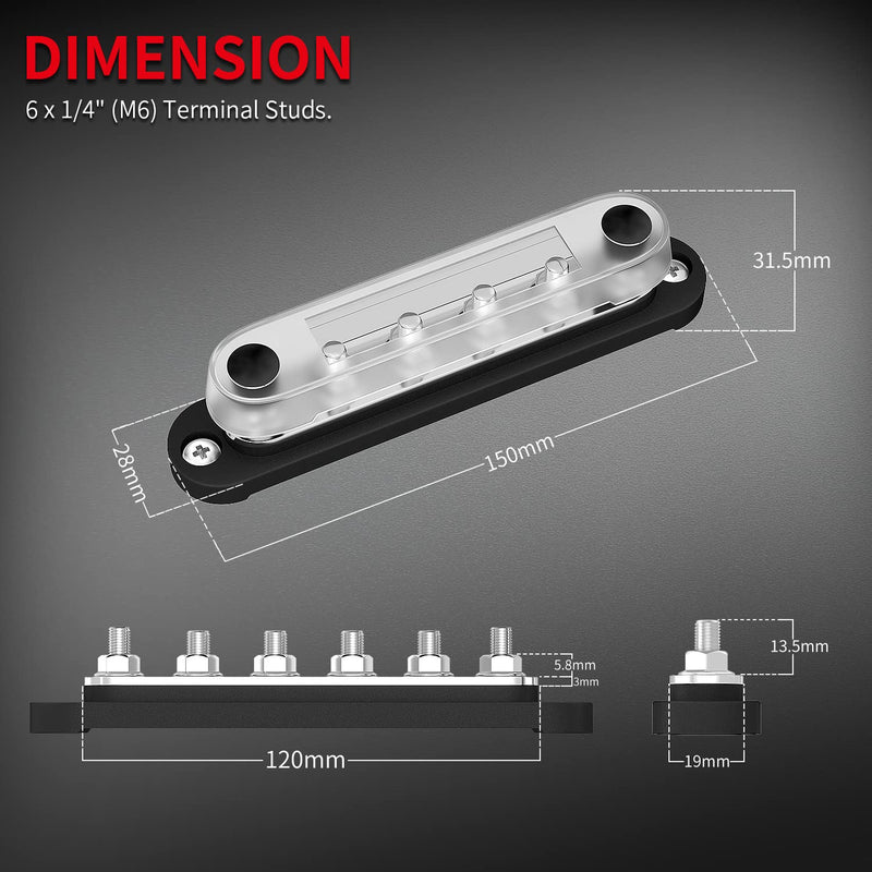 [Australia - AusPower] - DaierTek Marine Bus Bar 12V 6 x 1/4" (M6) Terminal Studs 12 Volt Bus Bar Power Distribution Block with Cover Max 300V AC 48V DC Positive & Negative Battery Terminal Block for Automotive Car Boat 150A-M6 