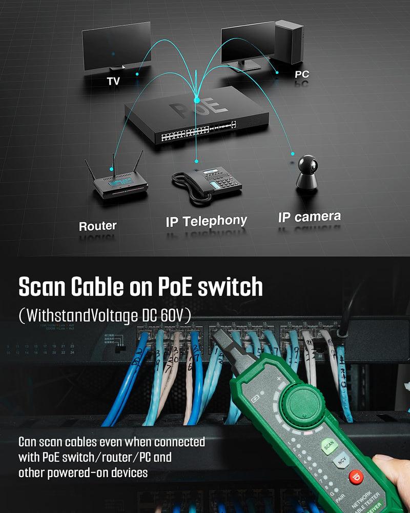 [Australia - AusPower] - TESMEN TLP-900AR Network Cable Tester, RJ11 RJ45, for CAT5/6/POE/STP, Multi-function Cable Tracer with Pairing, Continuity, QC&NCV, Suitable for Ethernet, Telephone, Wire maintenance and sorting-Green Green 