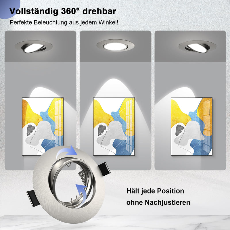 Set of 6 Recessed Spotlights GU10 Frame 68-85 mm Brushed Swivel | Recessed Frame GU10 Round LED Spotlights 230V Swivel Ceiling Spotlights Brushed Stainless Steel Living Room Bedroom Kitchen incl. Socket 6 Pieces Round