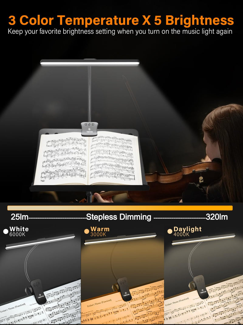 [Australia - AusPower] - Vekkia Professional 116 LED Rechargeable Music Stand Light - Foldable Clip-on Lamp, Eye-Protective, 5 Brightness & 3 Color Temp Adjustments, for Piano, Reading 6 Watts 