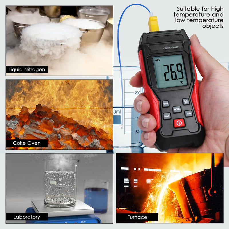 [Australia - AusPower] - Digital K Type Thermometer, Thermocouple Thermometer Single Channel Thermocouple Tester(-328~2501℉) with 1 Temperature Clamp and 1 Thermocouple Probes LCD Display for K Type 