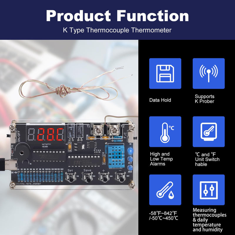 [Australia - AusPower] - Thermocouple Thermometer DIY Kit, DC 4.5-5V Digital Temperature Humidity Sensor Soldering Project with High Low Temperature Warning -58℉ to 842℉ Thermocouple Soldering Kit for Back to School Education 