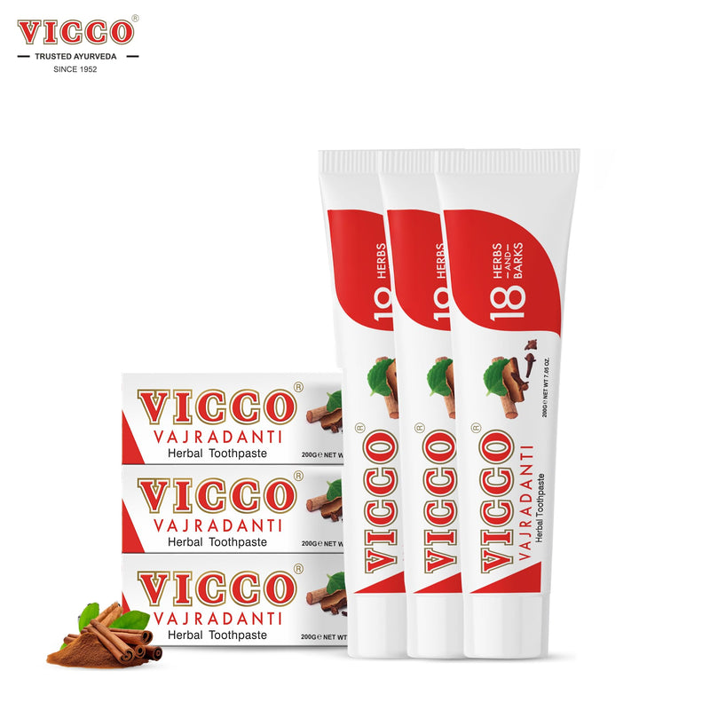 Vicco Vajradanti Ayurvedic Herbal Toothpaste for Oral Care & Gum Health - 70 Year Legacy of Ayurveda, with 18 Ayurvedic Herbs & Barks, Fluoride-Free - 7 oz (3 Pack)