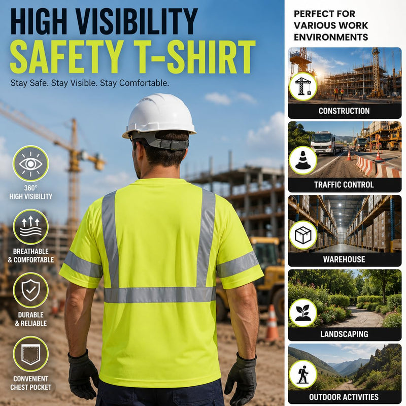 Hi Vis Safety Short Sleeve T Shirt, Class 3 Reflective High Visibility for Men & Women, for Construction, Running, Night Work Large