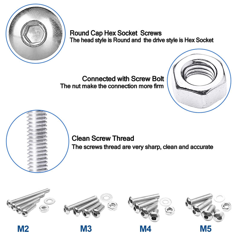 [Australia - AusPower] - NINDEJIN Metric Button Head Socket Cap Screw Bolts & Flat Washers & Nuts Assortment Kit M2 M3 M4 M5 Stainless Steel Machine Screws Set and Wrench, 880 PCS 880 Hex Round Head Socket Screws Nuts 