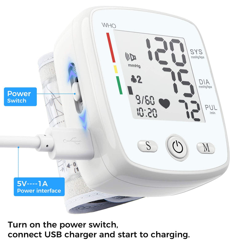 [Australia - AusPower] - Blood Pressure Monitor Adjustable Wrist Cuff Digital Rechargeable Machine for Home Use with Voice Function, 2 x 90 Readings, Carrying Case, White 