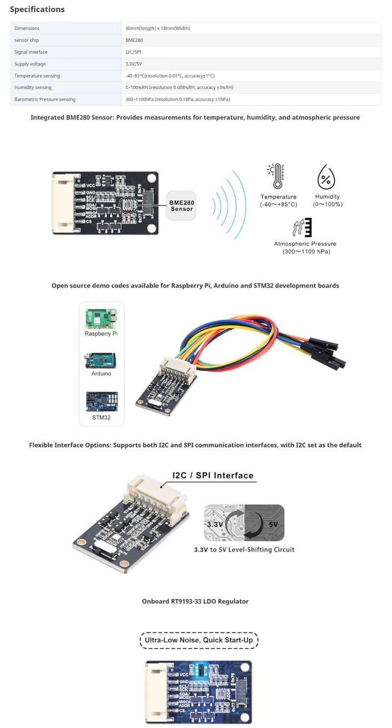 [Australia - AusPower] - BME280 Environmental Sensor, Temperature Humidity Barometric Pressure Monitoring Module, Support I2C/SPI Interface Compatible with 3.3V and 5V 