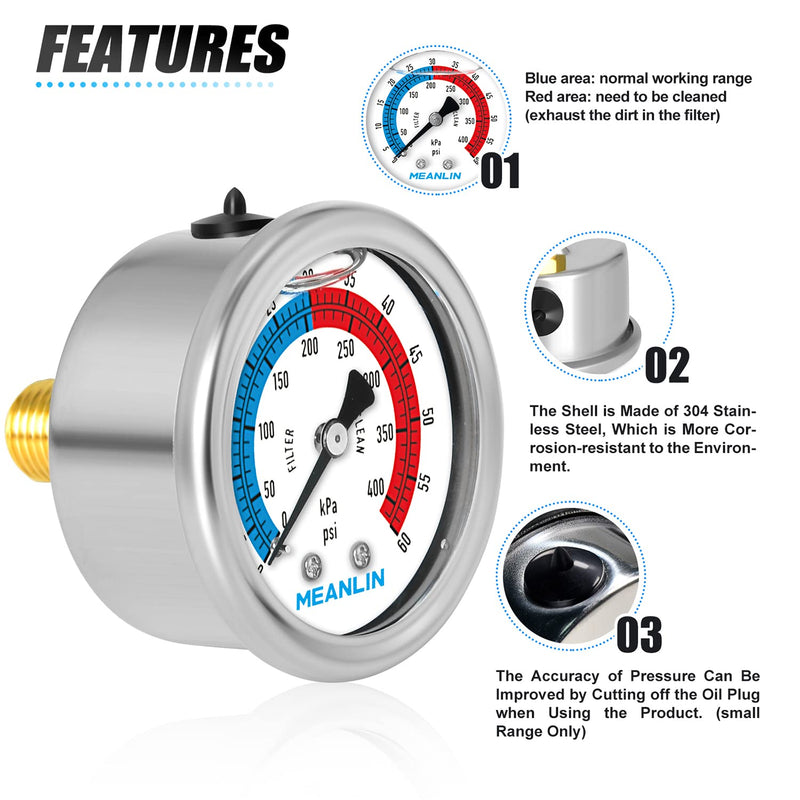 [Australia - AusPower] - MEANLIN MEASURE 0-60psi Pressure Gauge, 2-Inch Dial Glycerine Filled Pool Filter, 304 Stainless Steel Housing, Center Back Mount, 1/4" NPT With 1/2" and 3/8" NPT Hex Bushing 0-60Psi/0-400Kpa 