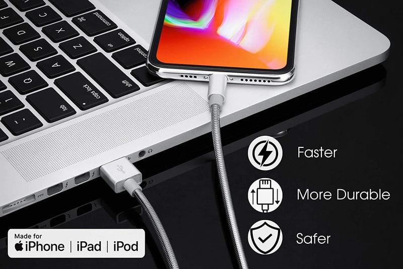MFi Certified Charger Cable[2 Pack, 6.6 Feet] Metal Braided USB Cable with Insulation Coated Steel Jacket, Strong & Fast Charging Data Transfer Cord Compatible with iPhone/iPad 6.6FT Silver 2
