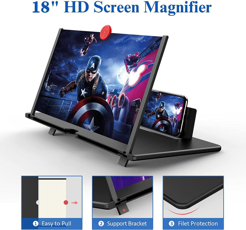 [Australia - AusPower] - 18" Screen Magnifier – 3D HD Cell Phone Magnifing Screen Enlarger Projector for Movies Videos and Gaming – Foldable Phone Stand Holder with Screen Amplifier Compatible with All Smartphones Black -18 Inch 