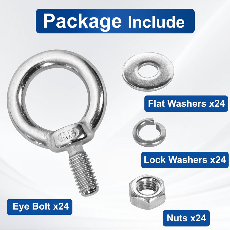 24 Pack M6 Stainless Steel Eye Bolts with Nuts Washers, 0.55"（14mm） Thread Length - Eyebolts for DIY, Furniture, Swing, and Outdoor Use (24, M6 x 14mm) 24