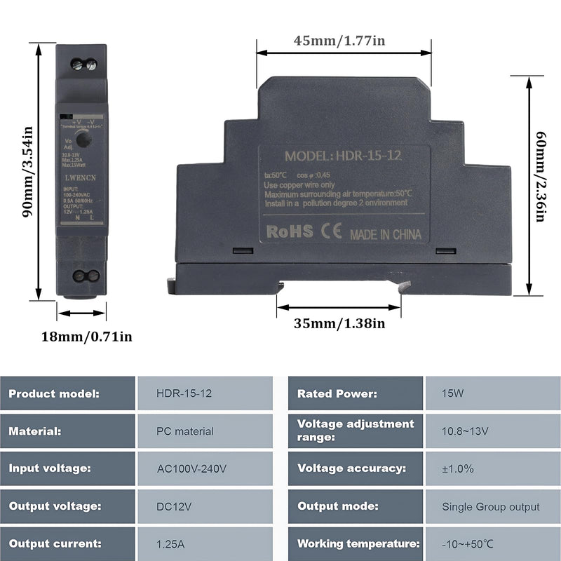 DIN Rail Power Supply, DIN Rail Power Supply 12 V DC 1.25 A 15 W | HDR-15-12, input 100-240V AC, switching power supply for industrial automation, building technology, home 12 V 1.25 A