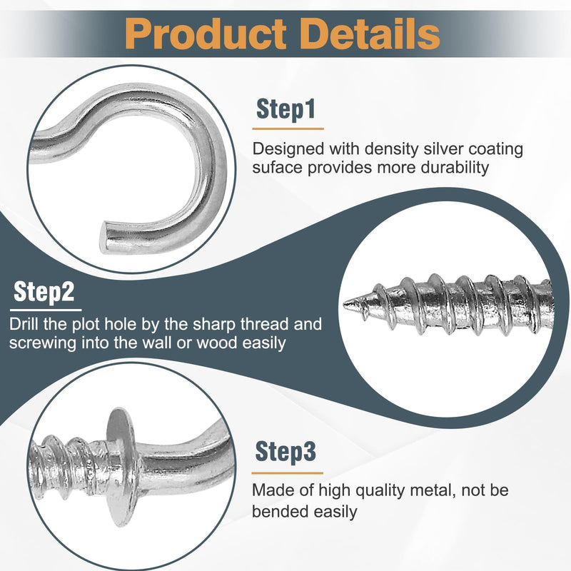 [Australia - AusPower] - 50Pcs 1/2 Inch Cup Hooks, Silver Ceiling Hooks Small Screw-in Hooks Metal Screw Hooks Nickel Plated Hooks 