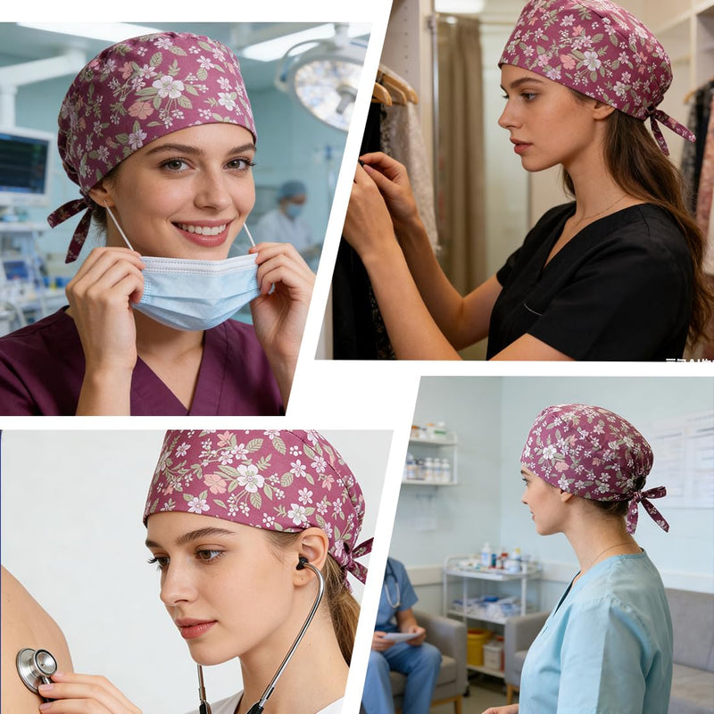 Nurse Headwear, 1 Pink Surgical Cap for Women, Adjustable Cotton Pattern Fabric Bonnet, Unisex Dust Hood