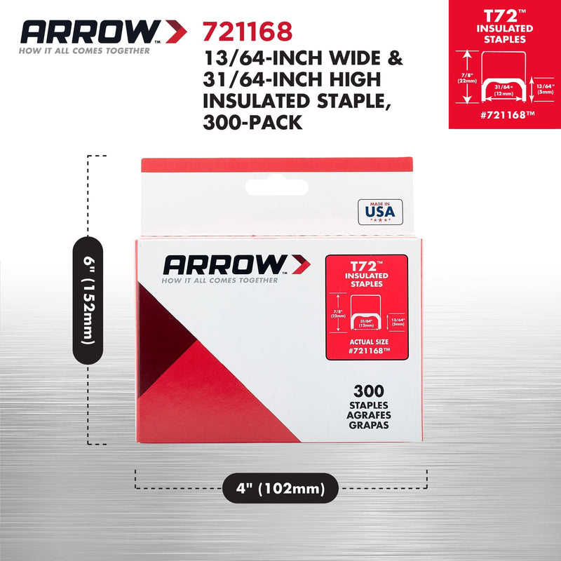 Arrow 721168 T72 Heavy Duty Steel Insulated Staples for Installing Cable and Wiring, 13/64-Inch by 31/64-Inch Crown Width, 300-Pack 13/64 Inch X 31/64 Inch