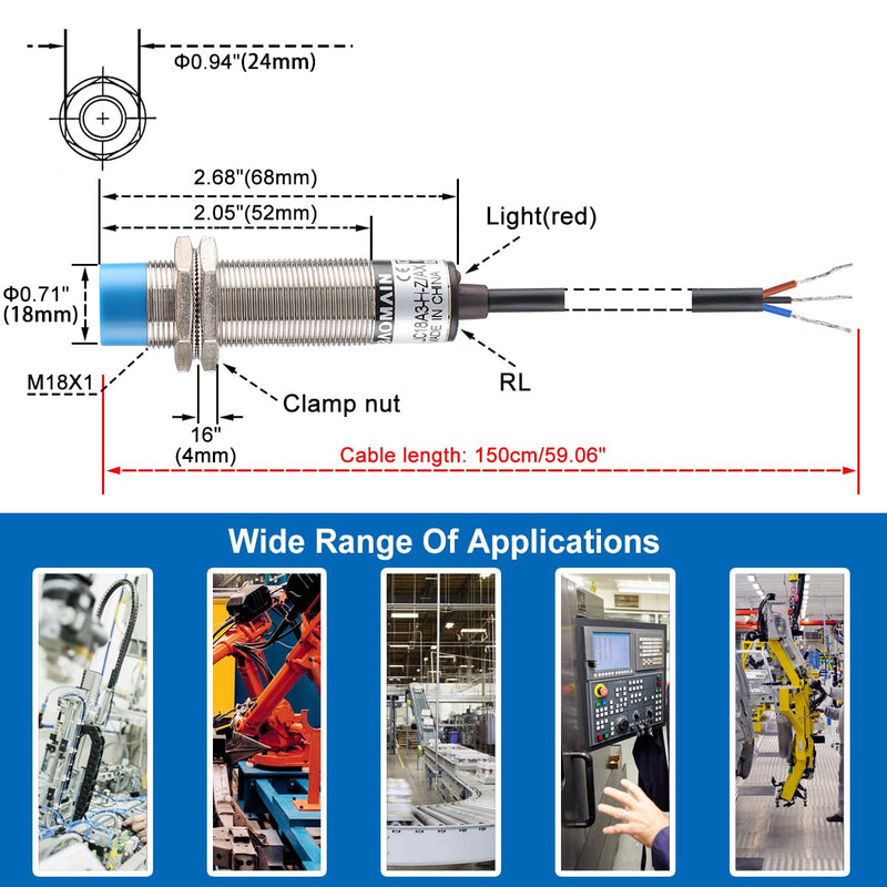 Baomain 1-10mm Capacitance Proximity Sensor Switch NPN NC (Normally Closed) DC 10-30V 200mA M18 3-Wire LJC18A3-H-Z/AX