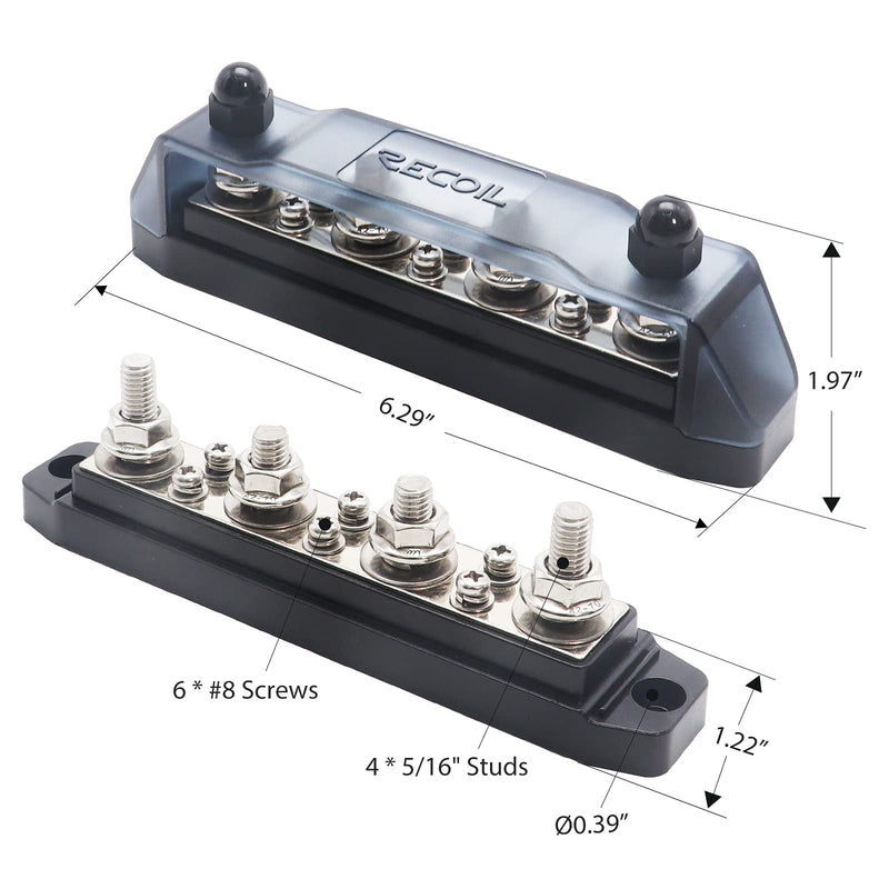 RECOIL BB46-P 4 x 3/8 Bus Bar Pair Studs 6 x #8 Screw Terminals Red & 4 x 5/16” Studs 6 x #8 Screw Terminals Black Power Distribution Block