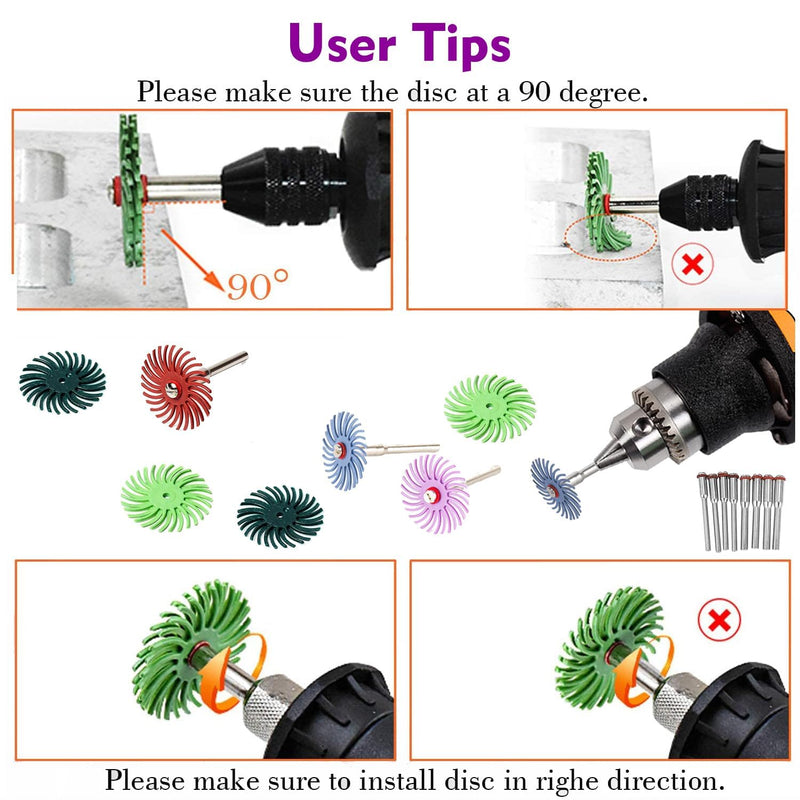 50pcs 1 Inch/ 25mm Radial Bristle Disc Set (2.35mm and 3mm Mandrels) Abrasive Brush Gap Polishing Wheel Assortment (8 Mixed Grit 80/120/220/320/400/600/1000/2500)