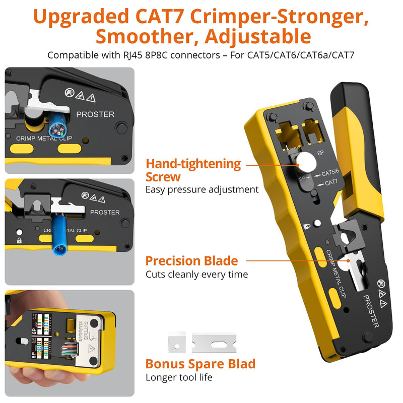 Proster RJ45 Crimp Tool - Cat7 Crimping Tool for 8P RJ45 CAT5/6/7 & 6P RJ11 RJ12 Connector with Rechargeable Network Cable Tester, CAT7 Gold Plated STP Connectors & UTP CAT6 Connectors Cat7 Yellow