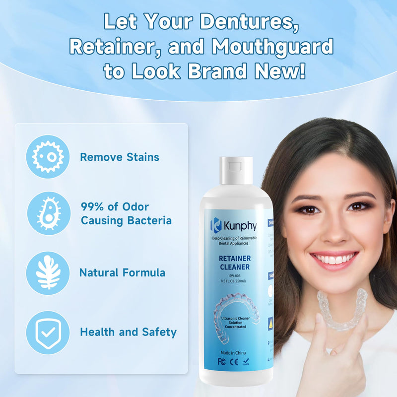 [Australia - AusPower] - Ultrasonic Retainer Cleaner Solution for Sonic Denture Cleaner-Professional Cleaning of Retainers, Invisible Aligners, Mouth Guards, Night Guards, Remove Odors, Discoloration & Stains 8.5oz 250ml 