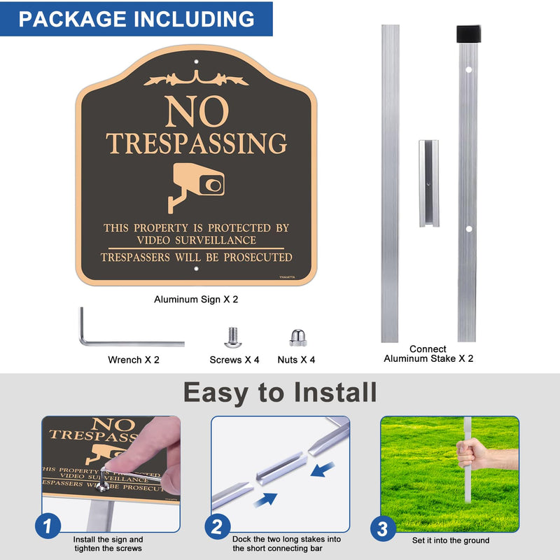 (2 Pack) Large No Trespassing Sign, Video Surveillance Signs Outdoor, Reflective, Metal, Aluminum, Includes Metal Yard Stakes for Easy Installation, 12x12 Inches
