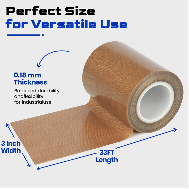 3 Inch PTFE Teflon Tape, 33 FT x 0.18mm Thick, Wide High Temp Non-Stick Fiberglass Adhesive Tape for Heat Press, Conveyor, Industrial Surface Protection & Sealer Use 3-inch x 33 Feet