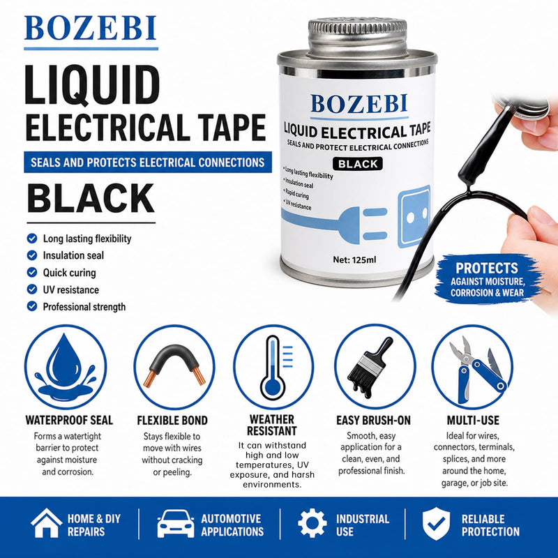 Black Liquid Electrical Tape 125ml, Quick Cure Waterproof Insulating Electrical Glue, Brush-Top Flexible Coating for Automotive/Home/Electrical Deep Black