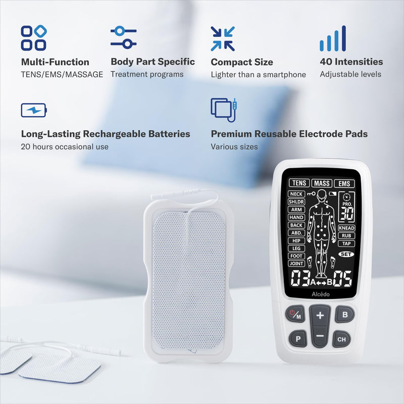 [Australia - AusPower] - Alcedo TENS Unit + EMS Combination Machine Muscle Stimulator for Pain Relief, Electric Rechargeable Pulse Massager with 41 Modes for Back/Neck Pain Therapy, HSA FSA Eligible 
