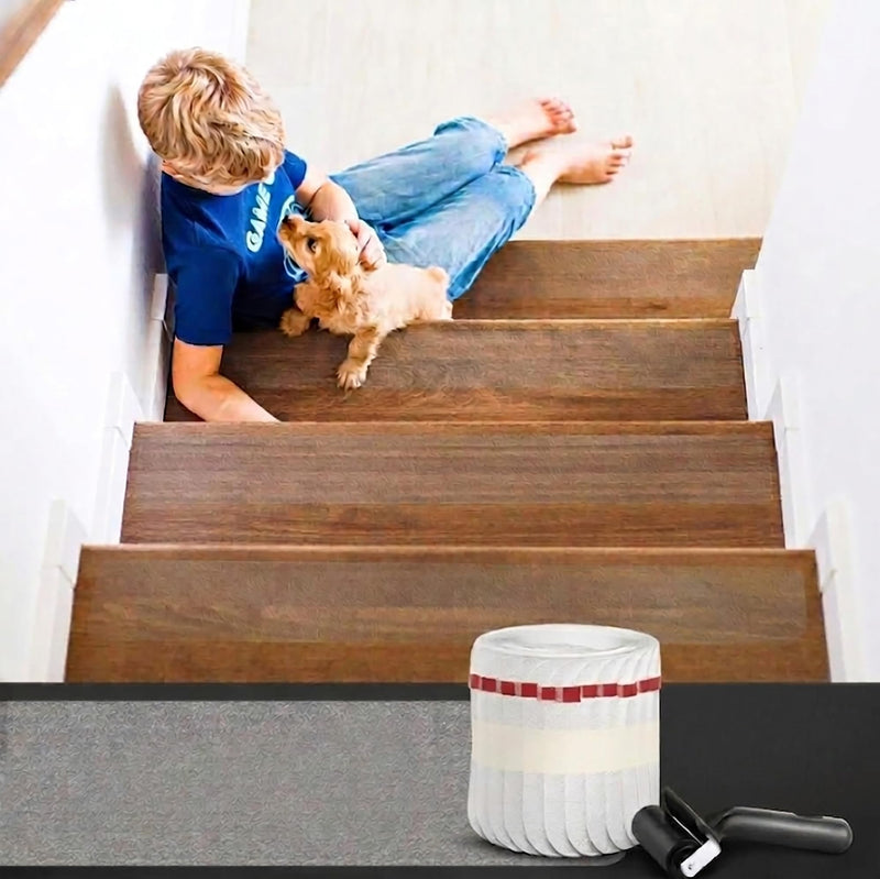 Clear Stair Treads for Wooden Steps Indoor, 12 Pack 24" x 4" Non Slip Stair Treads with Roller, Self Adhesive Transparent Anti Slip Tape for Hardwood Stairs, Safe for Dogs, Kids, Seniors & Pets