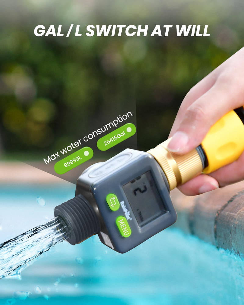 [Australia - AusPower] - Rainpoint Water Flow Meter with Brass Inlet, 180°Screen-Flip Garden Hose Flow Meter, Measure up to 9999.9 Gallon/Liter Consumption & Flow Rate for RV, Garden Hose, Sprinkler & Nozzle Sprayer 