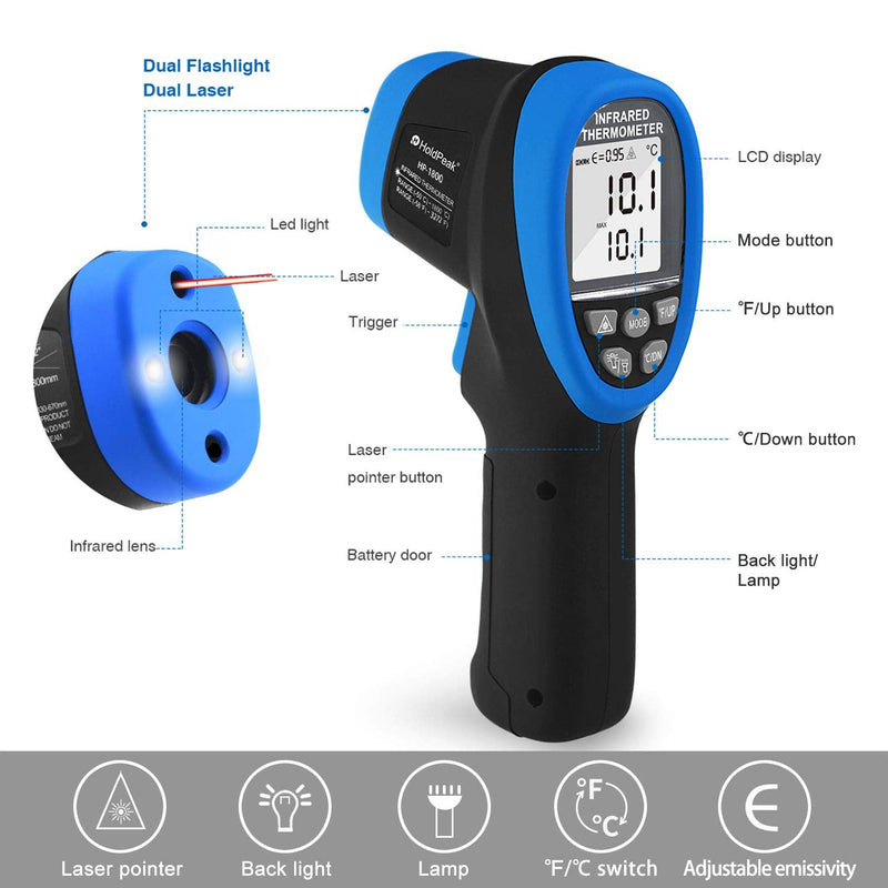 [Australia - AusPower] - HOLDPEAK Pyrometer D:S=50:1, High Temp Infrared Thermometer -58℉~3272℉(-50℃~1800℃), Non-Contact Industrial Laser Thermometer Gun with Flashlight, Digital IR Temperature Gauge HP-1800 (NOT for Human) 1PC-HP-1800-BLUE(-50~1800℃ Higher) 
