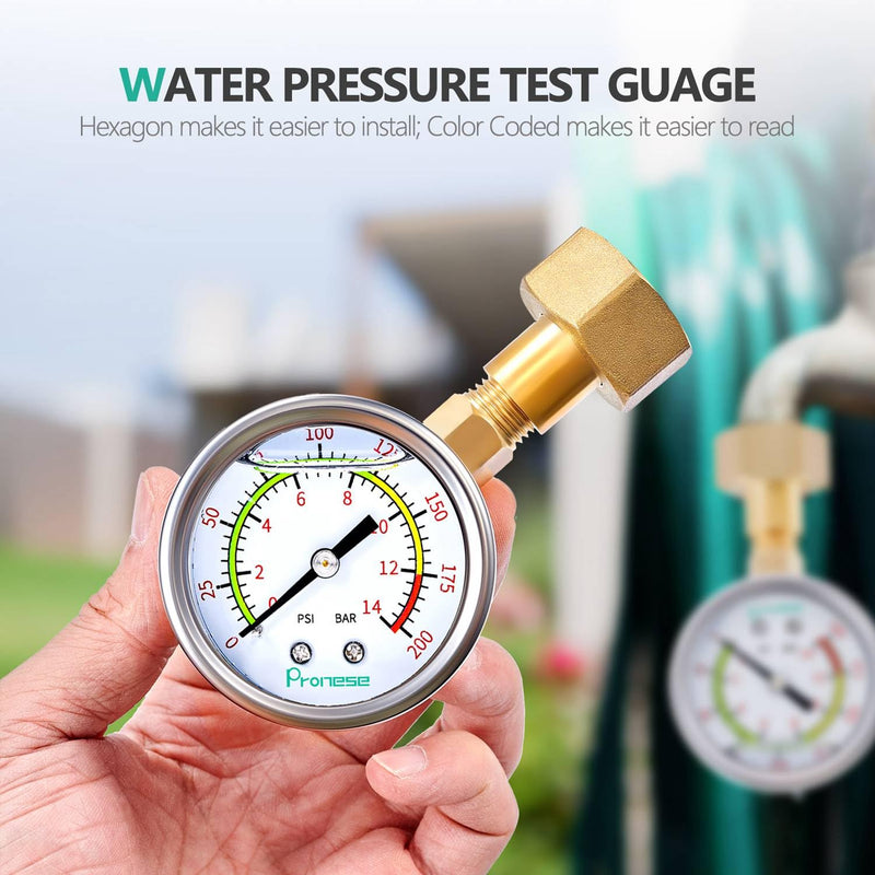 [Australia - AusPower] - Stainless Steel Water Test Pressure Gauge Kit 2" Dial Size,Guage+12"EPDM Rubber+1/4"LF Valve+1/4 to 3/4 Adapter,Lower Mount with Liquid Filled 0~200PSI(Color Coded) Gauge+1/4"valve+Rubber hose+Adapter 