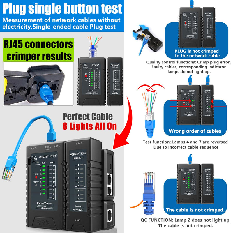 [Australia - AusPower] - NF-468CS Network Cable Tester,RJ45/RJ11/CAT5/CAT6/CAT5E/CAT6A/ CAT7/POE Test UTP/STP Continuity Tester Ethernet Cable Mapper Phone Line CAT3, Ethernet Cable Tester, LAN Cable Test Network Tools Black 