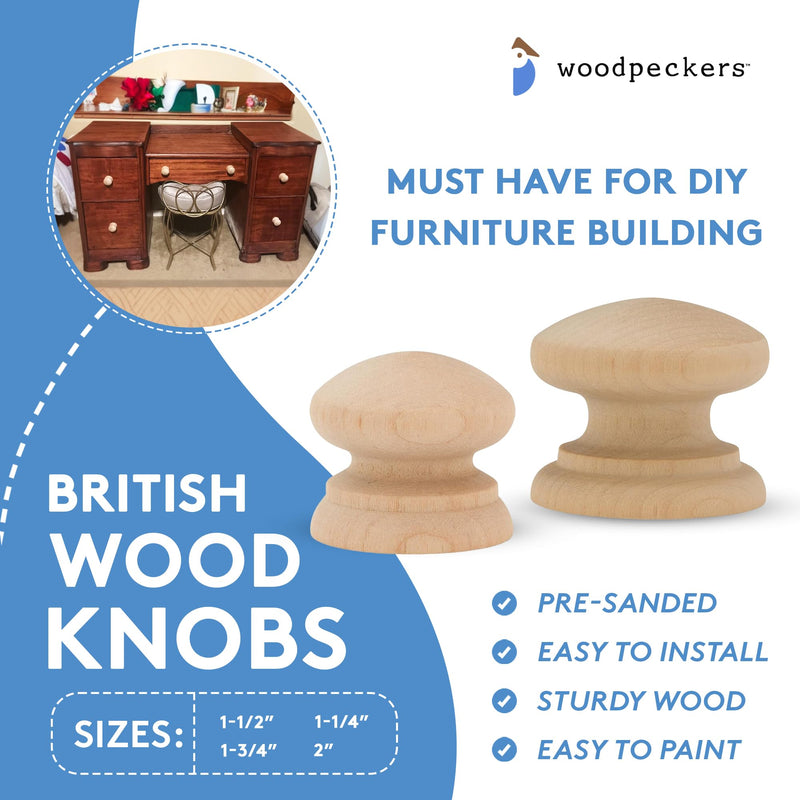 Woodpeckers British Wood Knobs 1-3/4 inch, Pack of 25 Unfinished Round Wooden Knobs for Dresser Drawers, Cabinets, Furniture, and Crafts