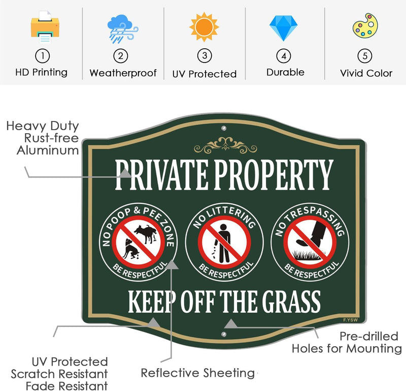 Private Property Keep Off Grass No Poop Pee Zone No Littering No Trespassing Sign 12" x 10" With 28" Long Metal Stakes Curb Your Dog Aluminum Outdoor Use Yard Lawn Home