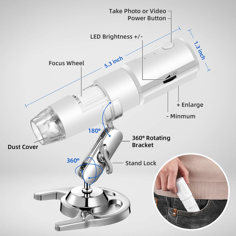 Wireless Digital Microscope 50X-1000X Handheld Portable Mini WiFi USB Microscope Camera with 8 LED Lights for iPhone/iPad/Smartphone/Tablet/PC- White Bright white