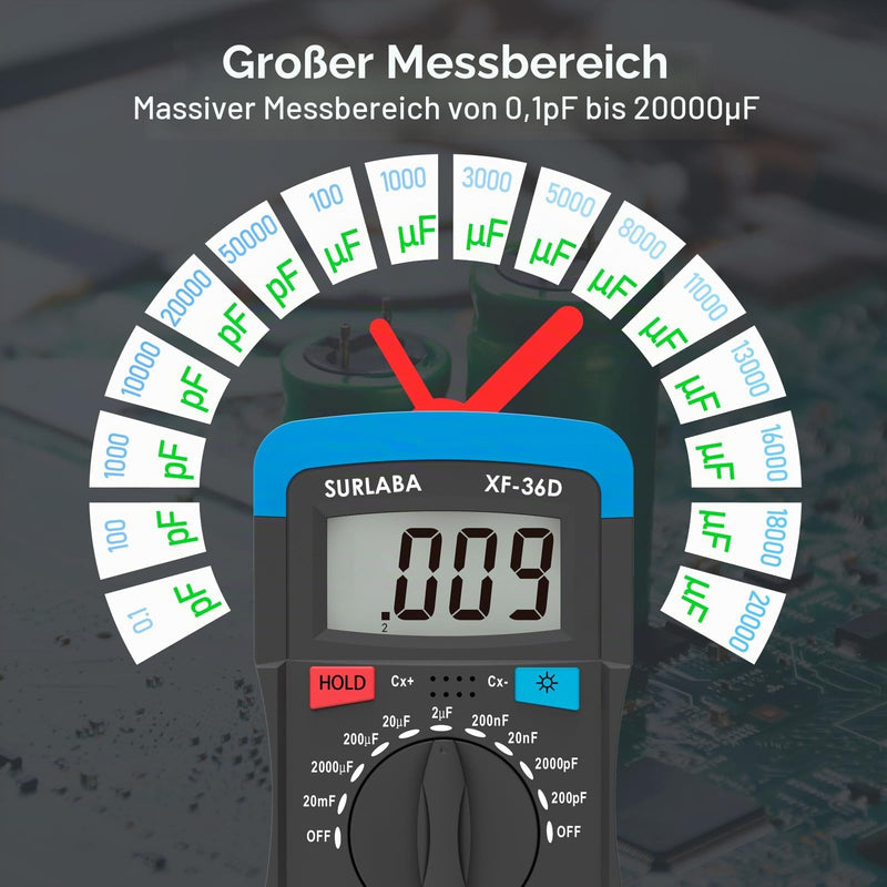 Digital Capacitance Meter, XF-36D Capacitance Meter up to 20,000uF, 1999 Count Capacitor Meter Multimeter for Home, Industry, Error Checking blue